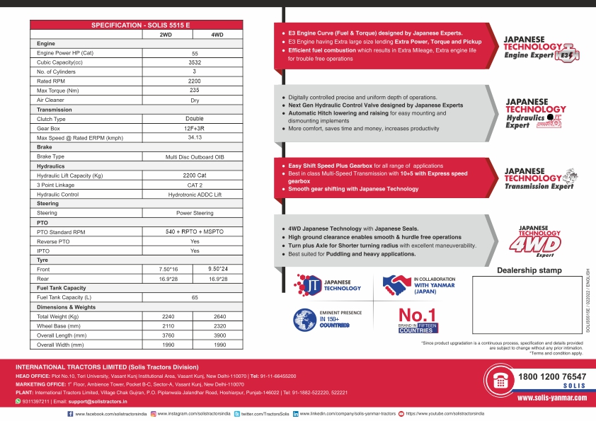 Solis 5515 E 2WD tractor specifications, highlighting Japanese technology.