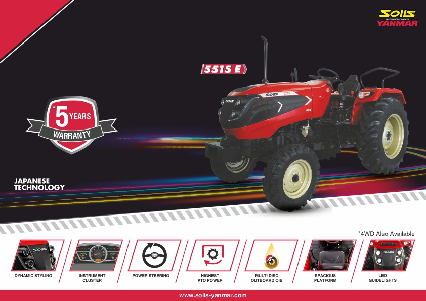 Solis 5515 E 2WD tractor, red and black, with 5-year warranty.