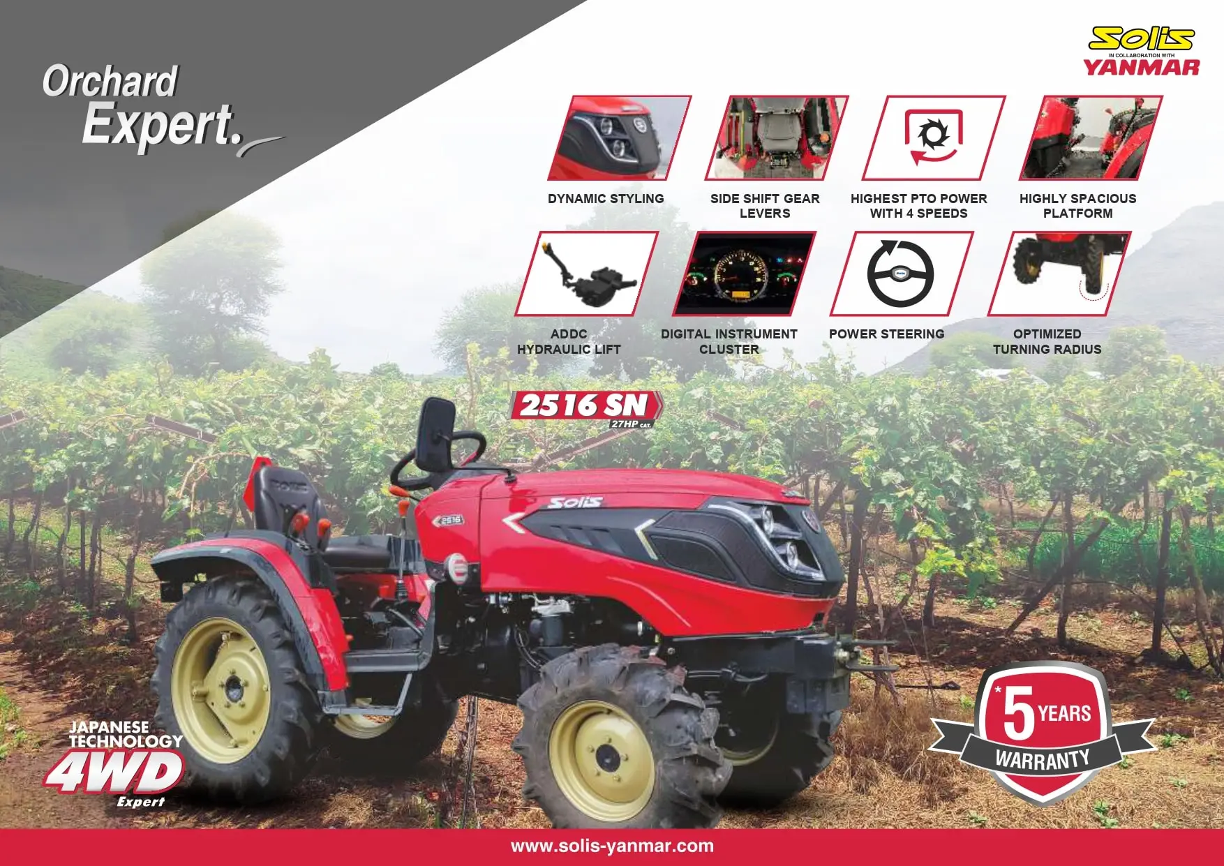 Solis 2516 4WD tractor showcasing dynamic styling, side shift gears, and power steering