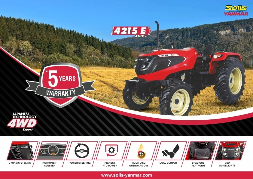 Solis 4215 E 2WD tractor, 42HP, red and black, with 5-year warranty.