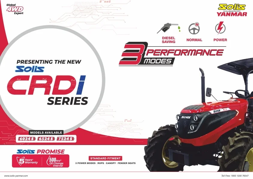 Solis 6024 CRDi Series tractor with 3 performance modes, 5-year warranty.