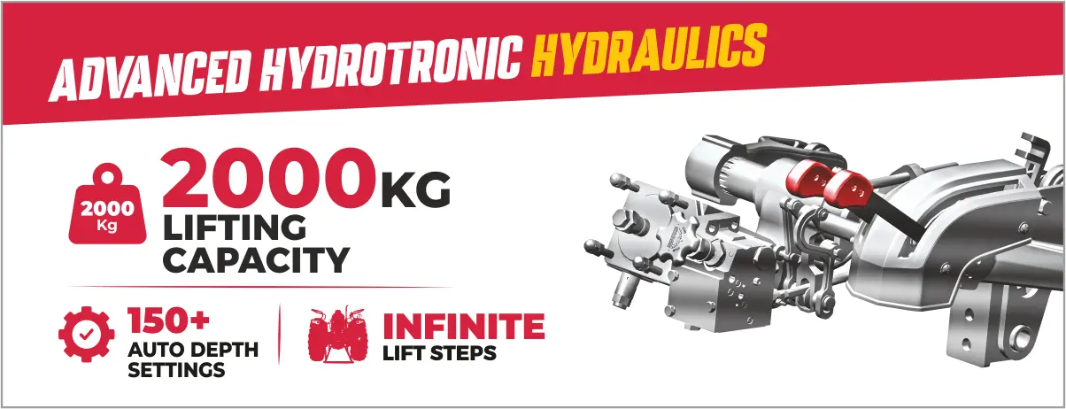 Solis advanced hydrotronic hydraulics with 2000kg lifting capacity and 150+ auto depth settings